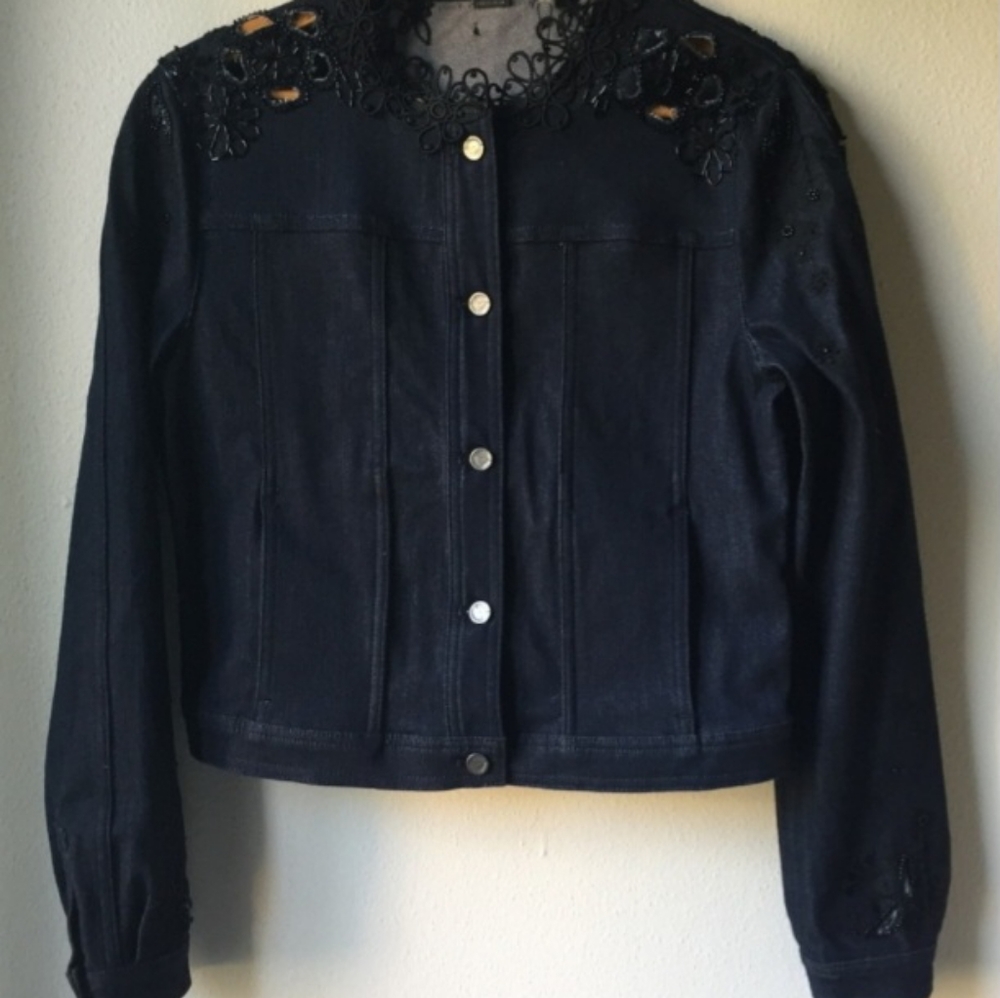 ElieTahari denim style jacket w/sheer embroidery back! A sure fashion statement